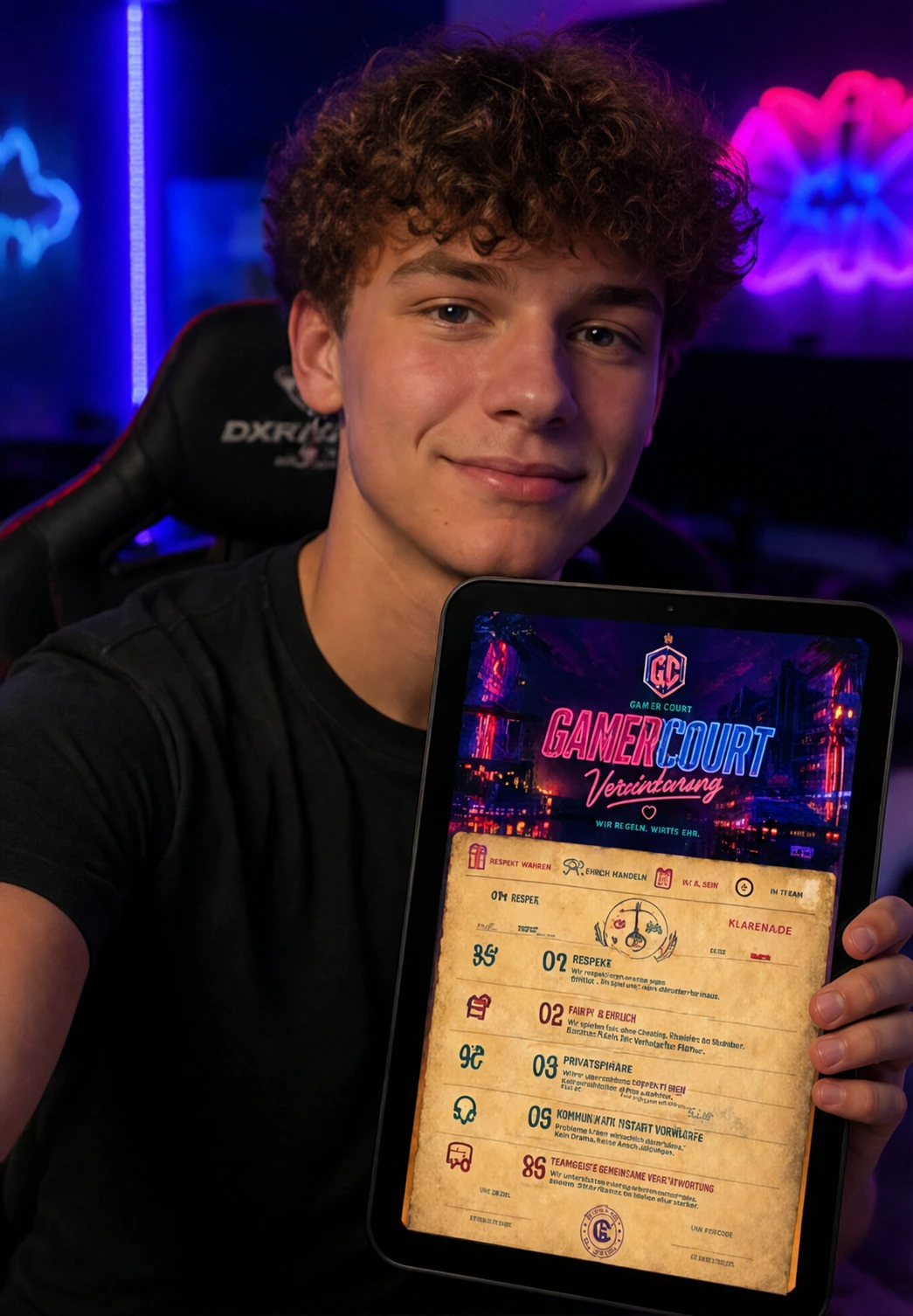 Max zeigt seine fertige GamerCourt-Vereinbarung auf einem Tablet