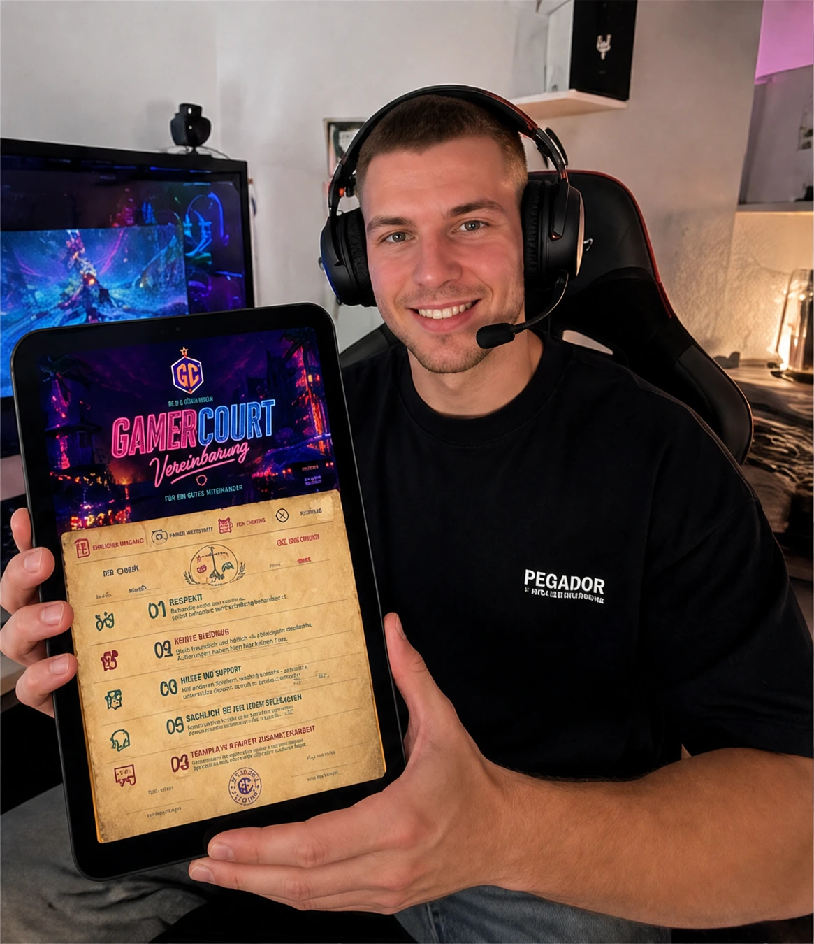 Leon präsentiert mit Headset seine GamerCourt-Vereinbarung