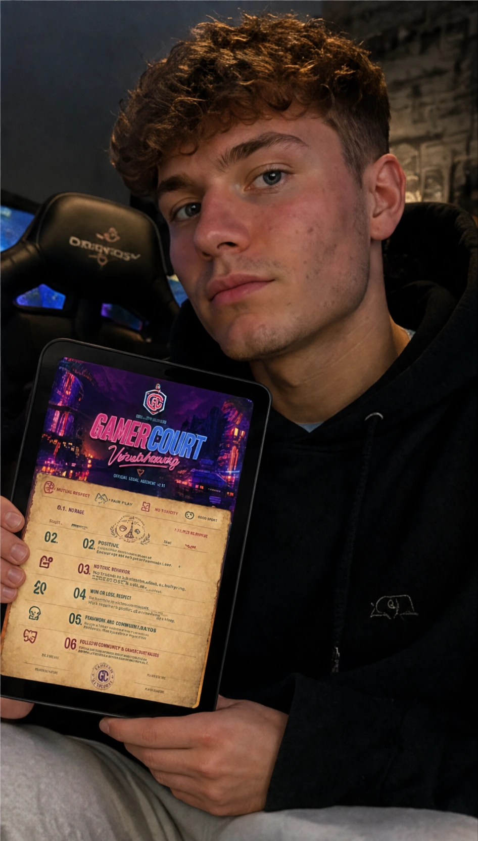 Jonas sitzt mit seiner fertigen GamerCourt-Vereinbarung