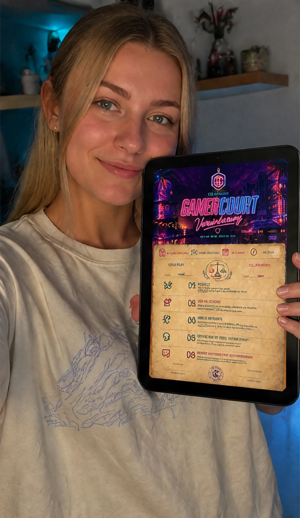 Sophie hält ihre fertige GamerCourt-Vereinbarung