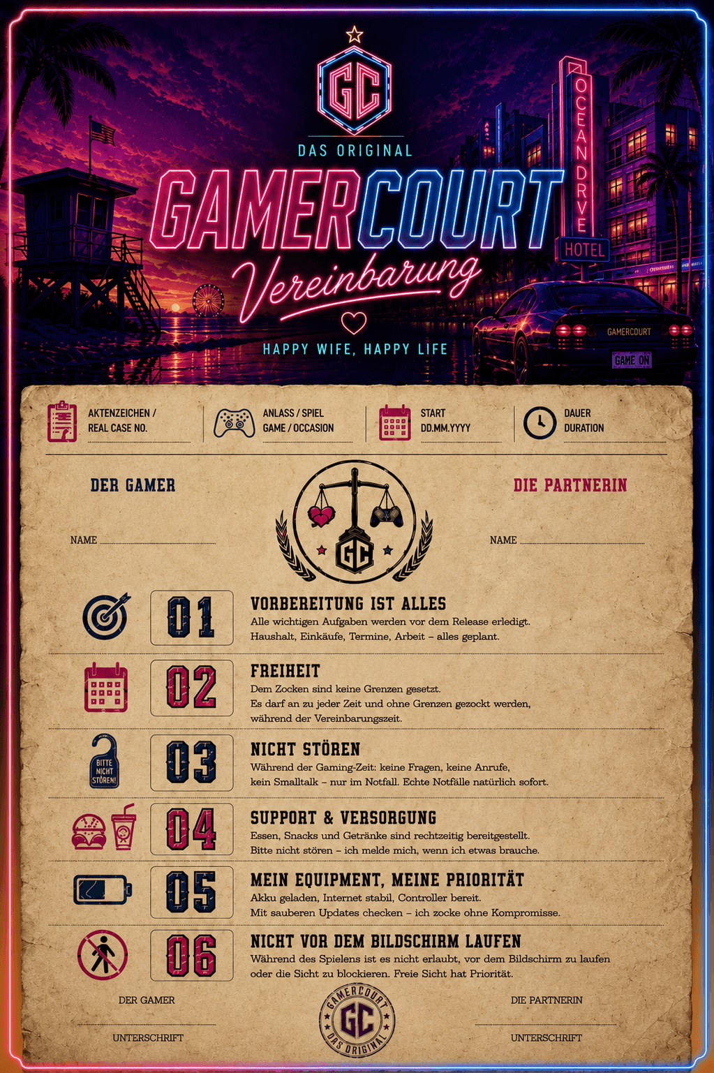 Die fertige GamerCourt-Vereinbarung mit Neon-Miami-Cover, Pergament und sechs Gaming-Regeln